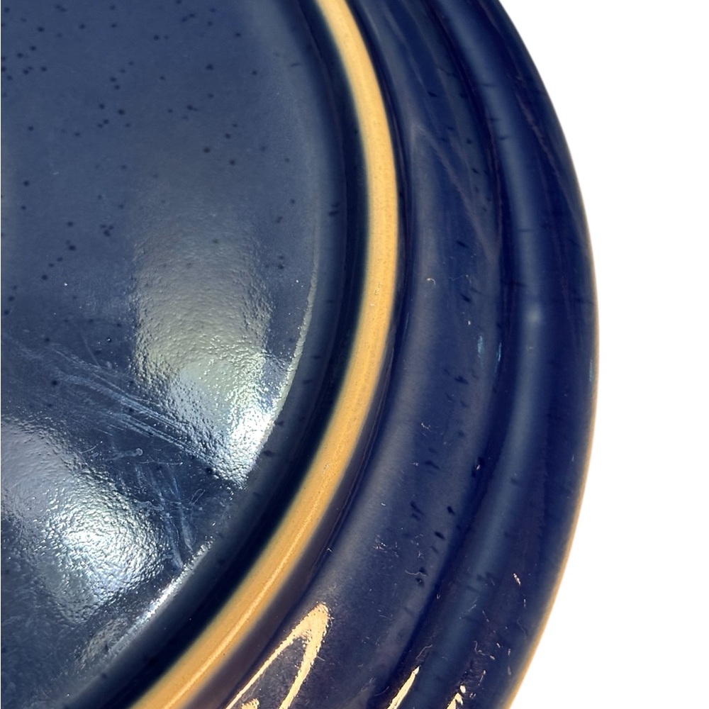 2 Denby Harlequin Dinner Plates Stoneware Navy Blue Rim Green Speckled Center - Picture 8 of 8